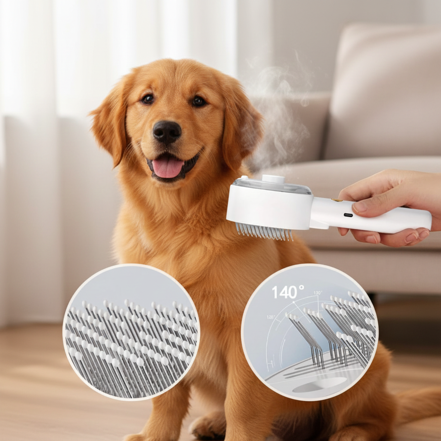 Cepillo de Vapor Premium para Perros - Eliminación de Pelo y Limpieza Profunda (Rosa/Blanco)